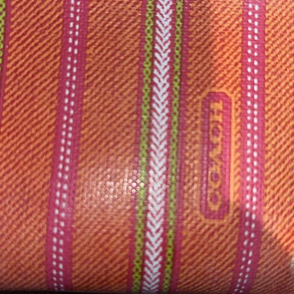 Coach Vintage wristlet coated canvas stripe Orange pink sage white/tan leather - Picture 3 of 13